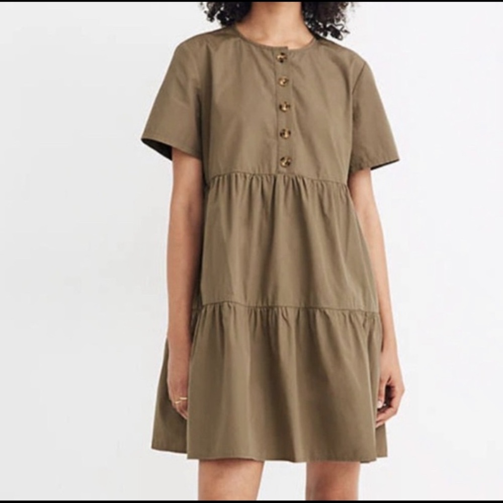 Madewell Button-Front Tiered Mini Dress Green Med